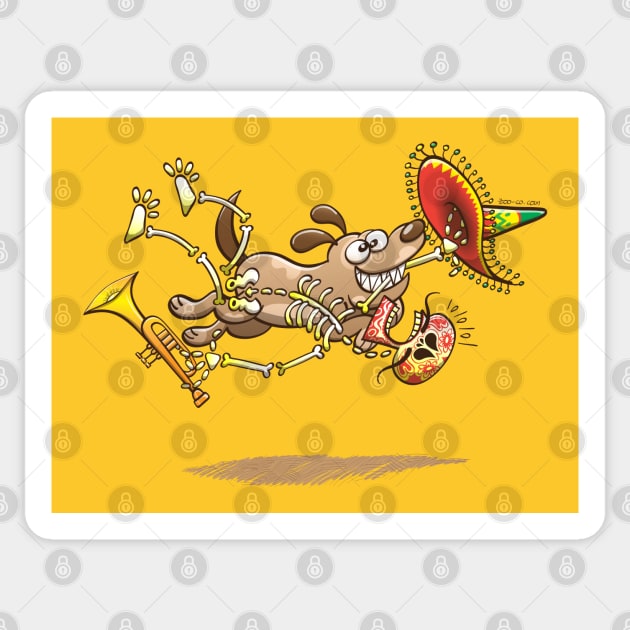 Mischievous dog stealing a tasty Mexican skeleton complete with big hat and trumpet Sticker by zooco